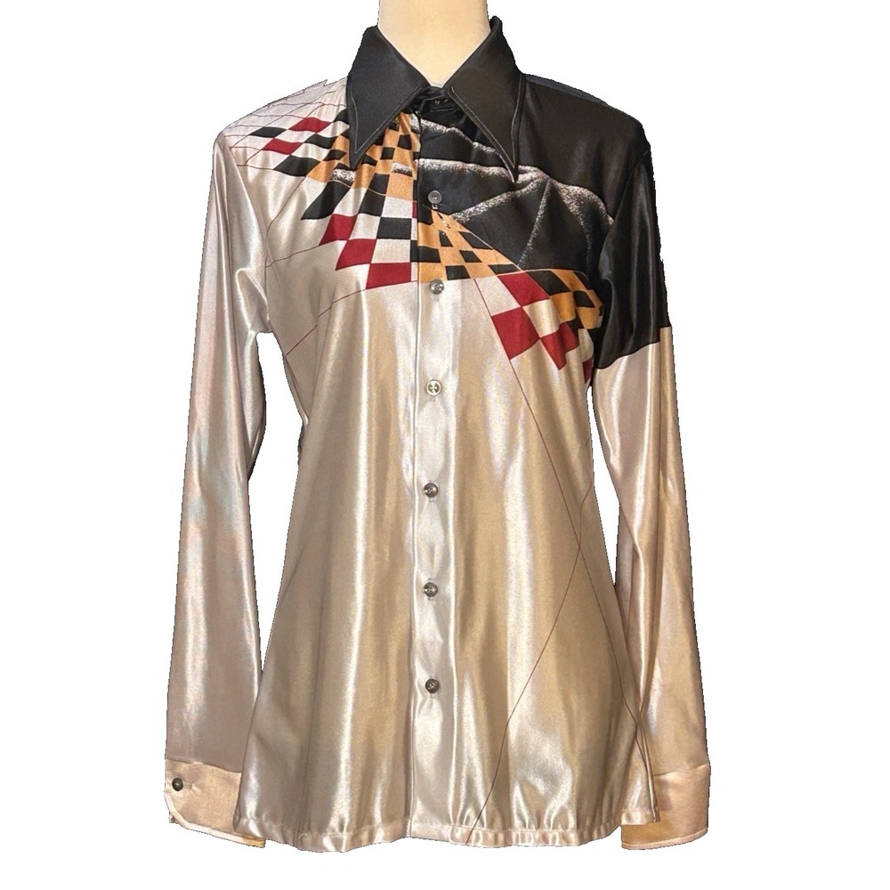 Vintage Mens Mod Graphic Geometric Shiny Disco Dagger Collar Button Up Shirt